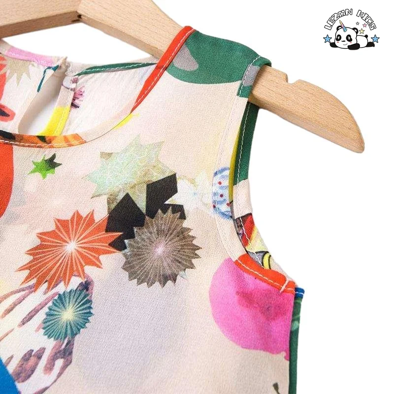 LEZONKIDS - 2024 Sleeveless Rainbow Cartoon Printed Girls Frocks Casual Girls Dresses for Summer